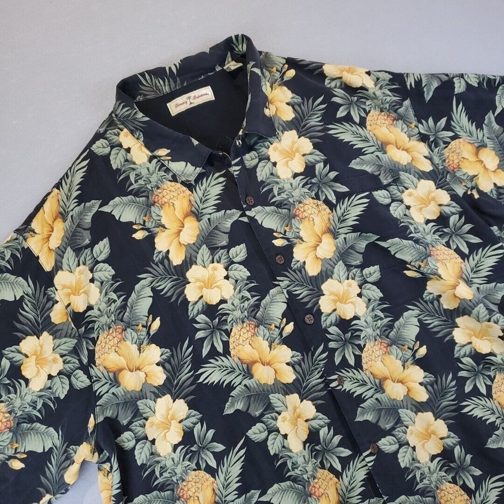 Tommy Bahama 100% Silk Short Sleeve Men's Button Shirt Black Yellow Hibiscus 2XL